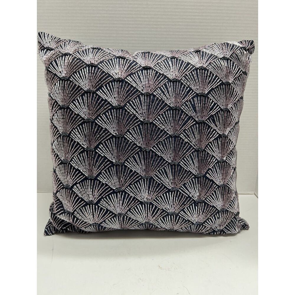 Z Gallerie 16” X 16” Beaded Fan Pillow Navy w/ Pink & Navy Beading EUC